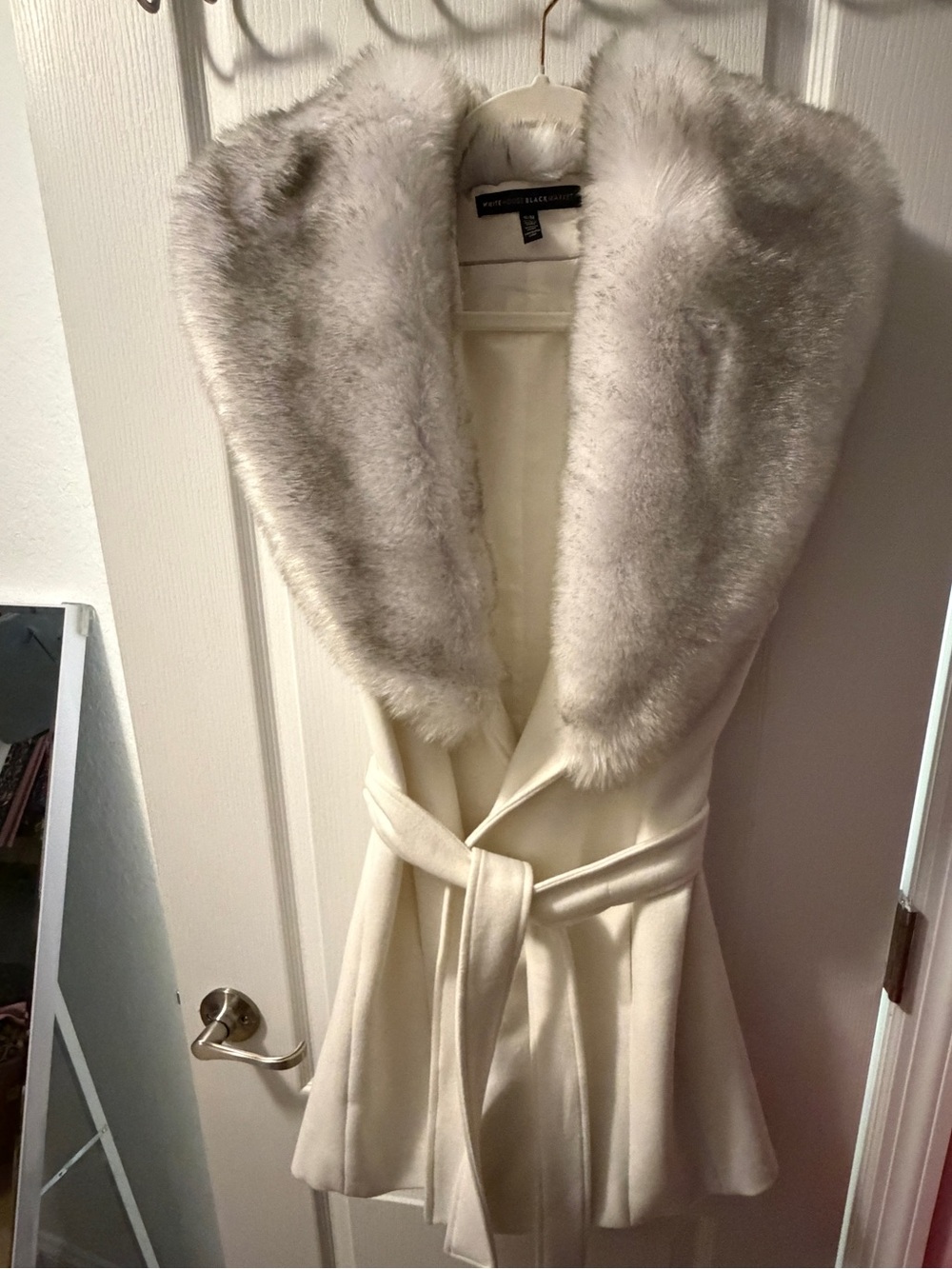 White House Black Market Cream Coat with Faux Fur Collar